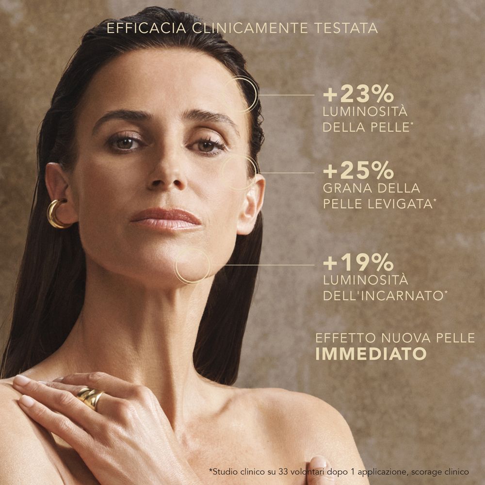 Donna con efficacia clinicamente testata: +23% luminosità, +25% pelle levigata, +19% incarnato radioso.