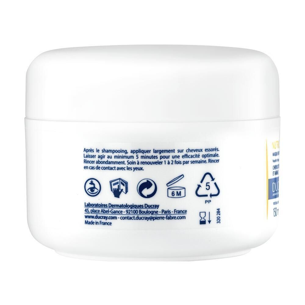 Retro di un vasetto bianco Ducray Nutricerat con istruzioni per l'uso e simboli.