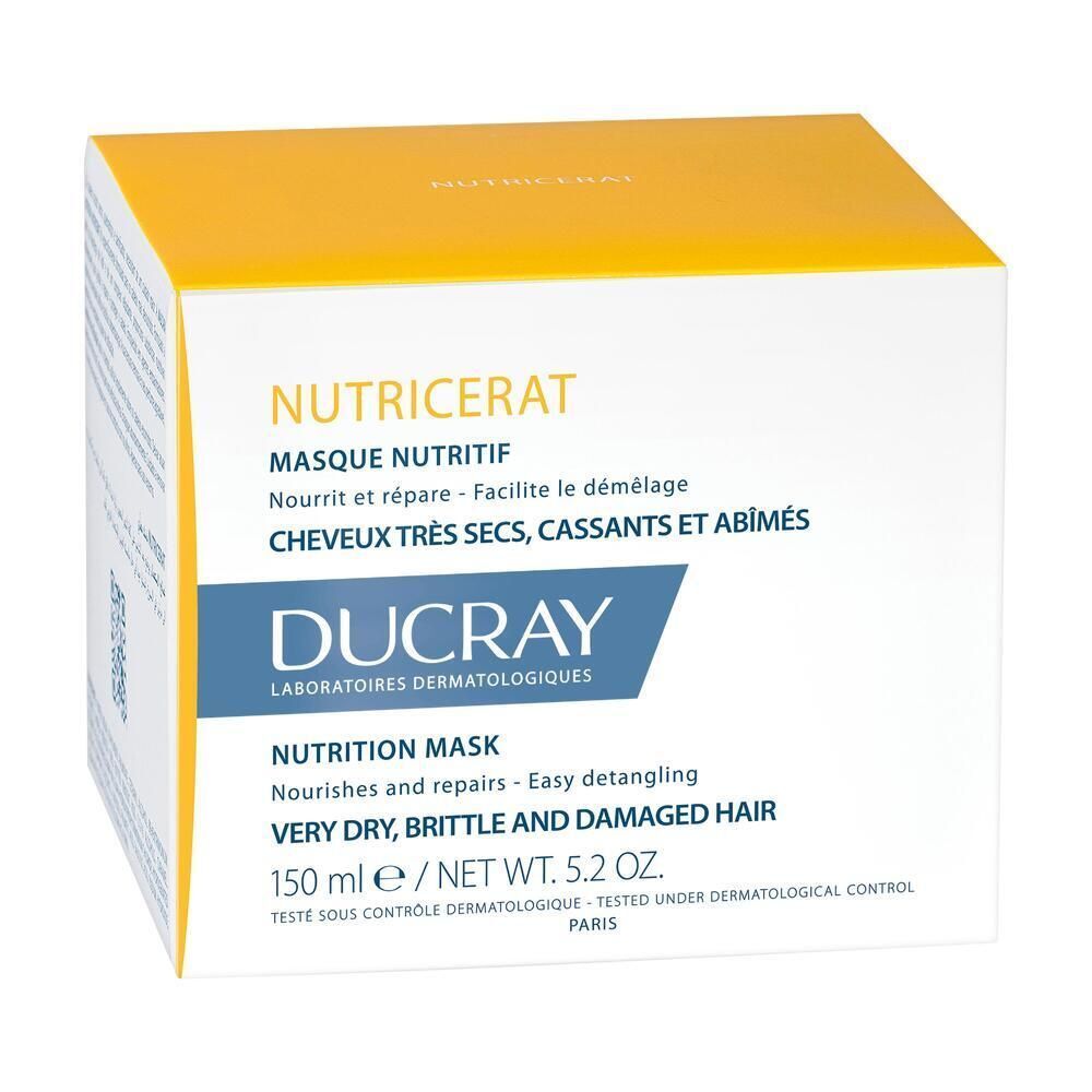Confezione della maschera per capelli Ducray Nutricerat, 150 ml, per capelli molto secchi e fragili.