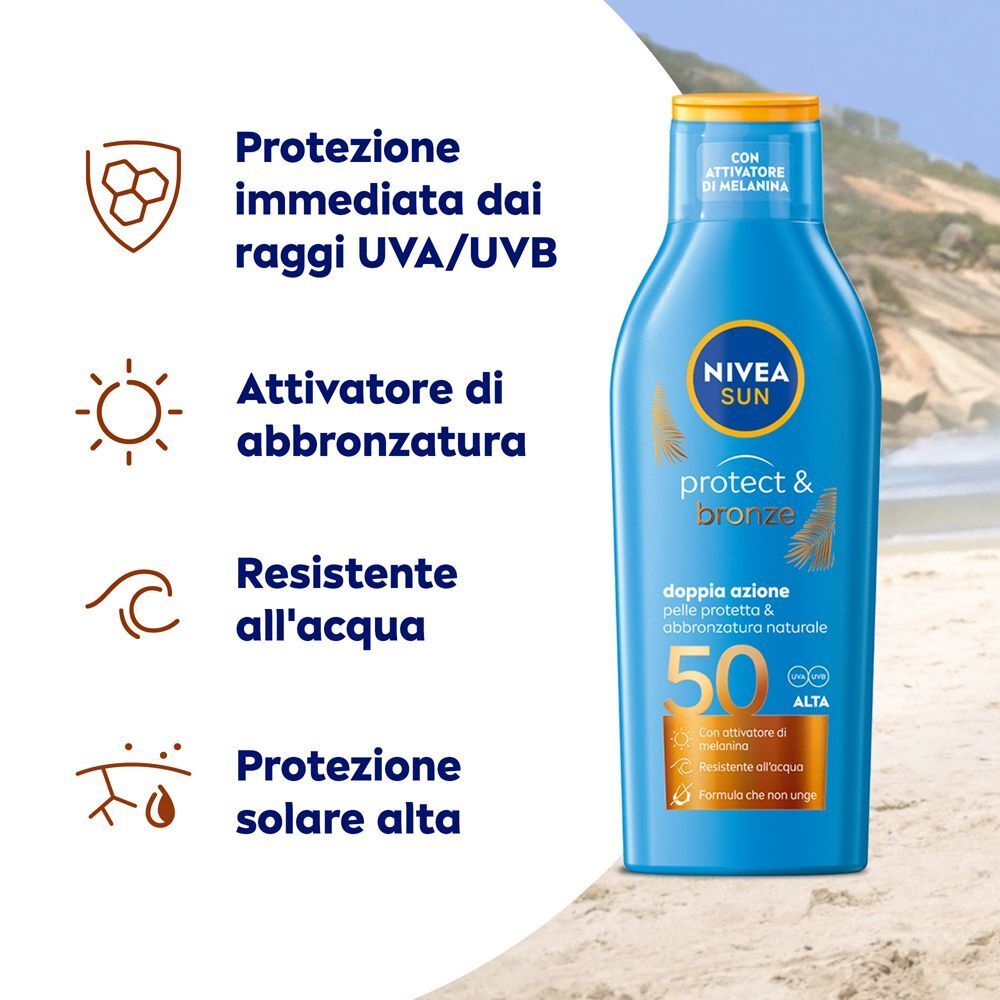 Nivea Sun Protect & Bronze FP50 con simboli di protezione e spiaggia sullo sfondo.