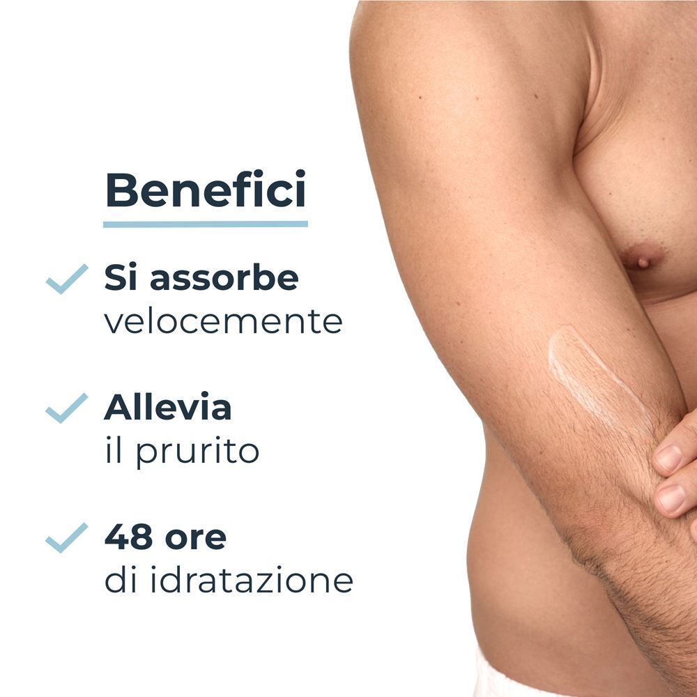 Braccio con Eucerin Atopi Control Emulsione Lenitiva Ultra Light, rapido assorbimento e sollievo dal prurito.
