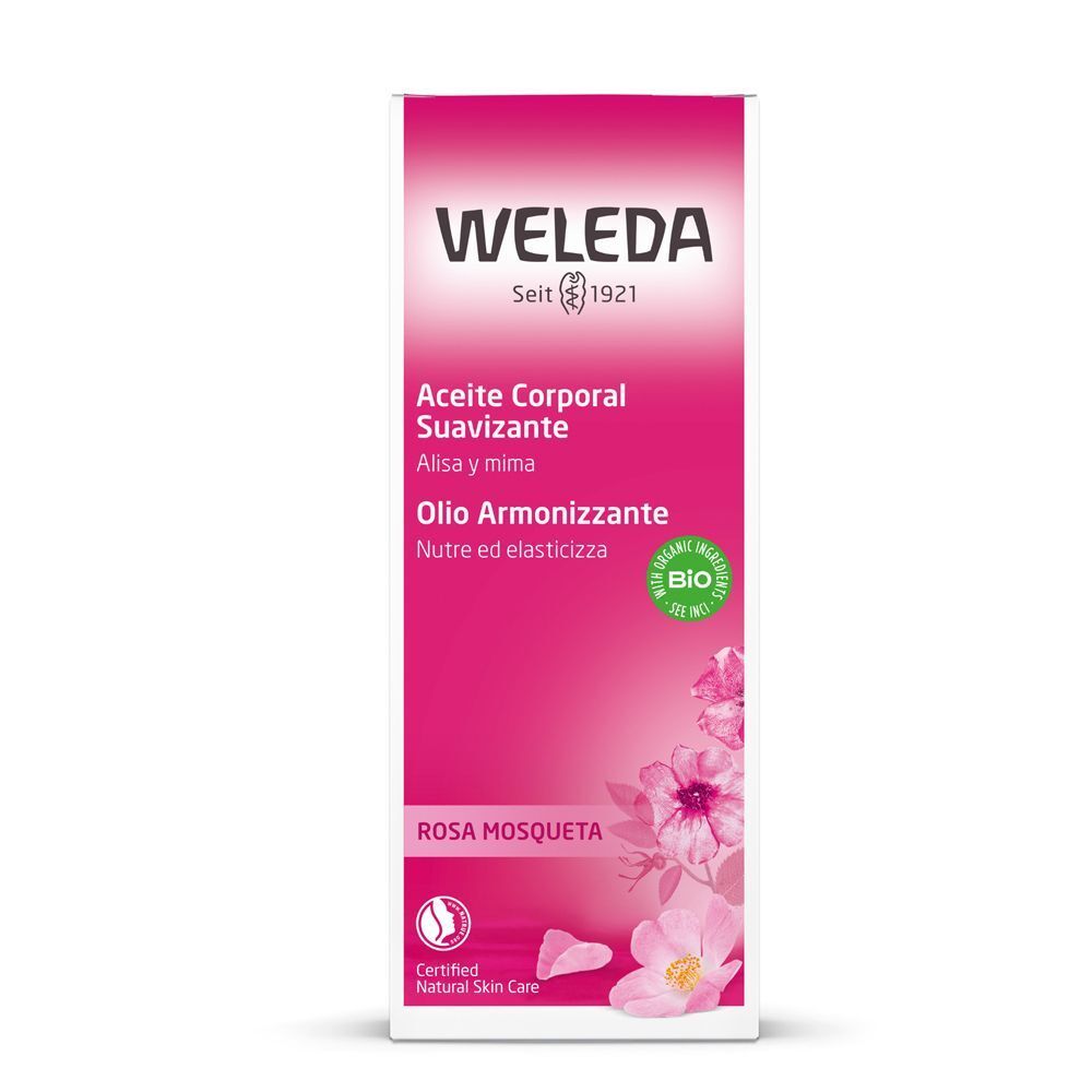 Confezione WELEDA Olio Armonizzante Rosa Mosqueta, con sigillo BIO e 'Certified Natural Skin Care'.