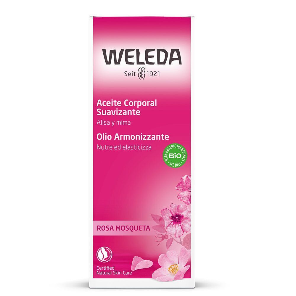 Confezione WELEDA Olio Armonizzante Rosa Mosqueta, con sigillo BIO e 'Certified Natural Skin Care'.