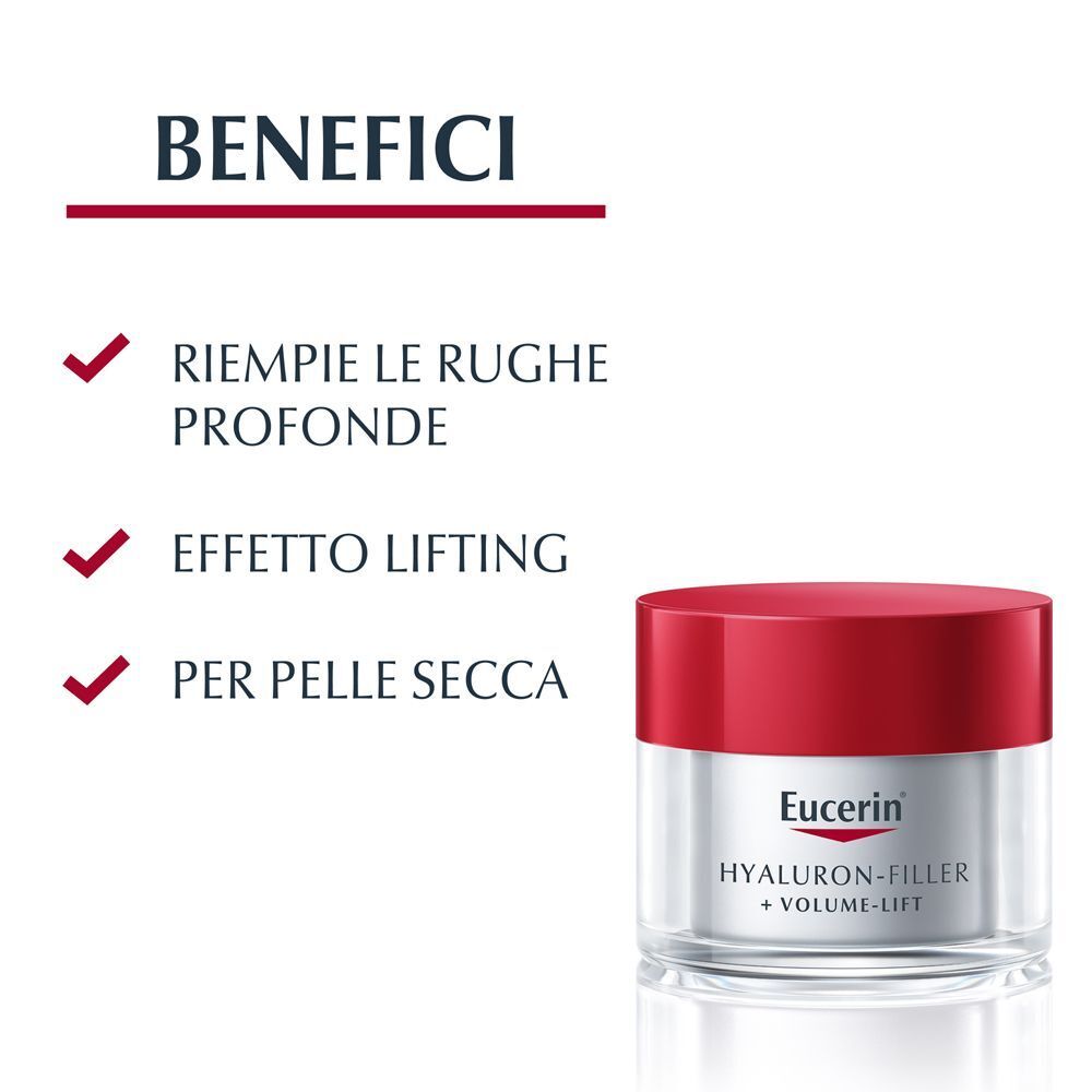 Vasetto crema giorno Eucerin Hyaluron-Filler con tappo rosso. Benefici: riempie rughe, effetto lifting, per pelle secca.