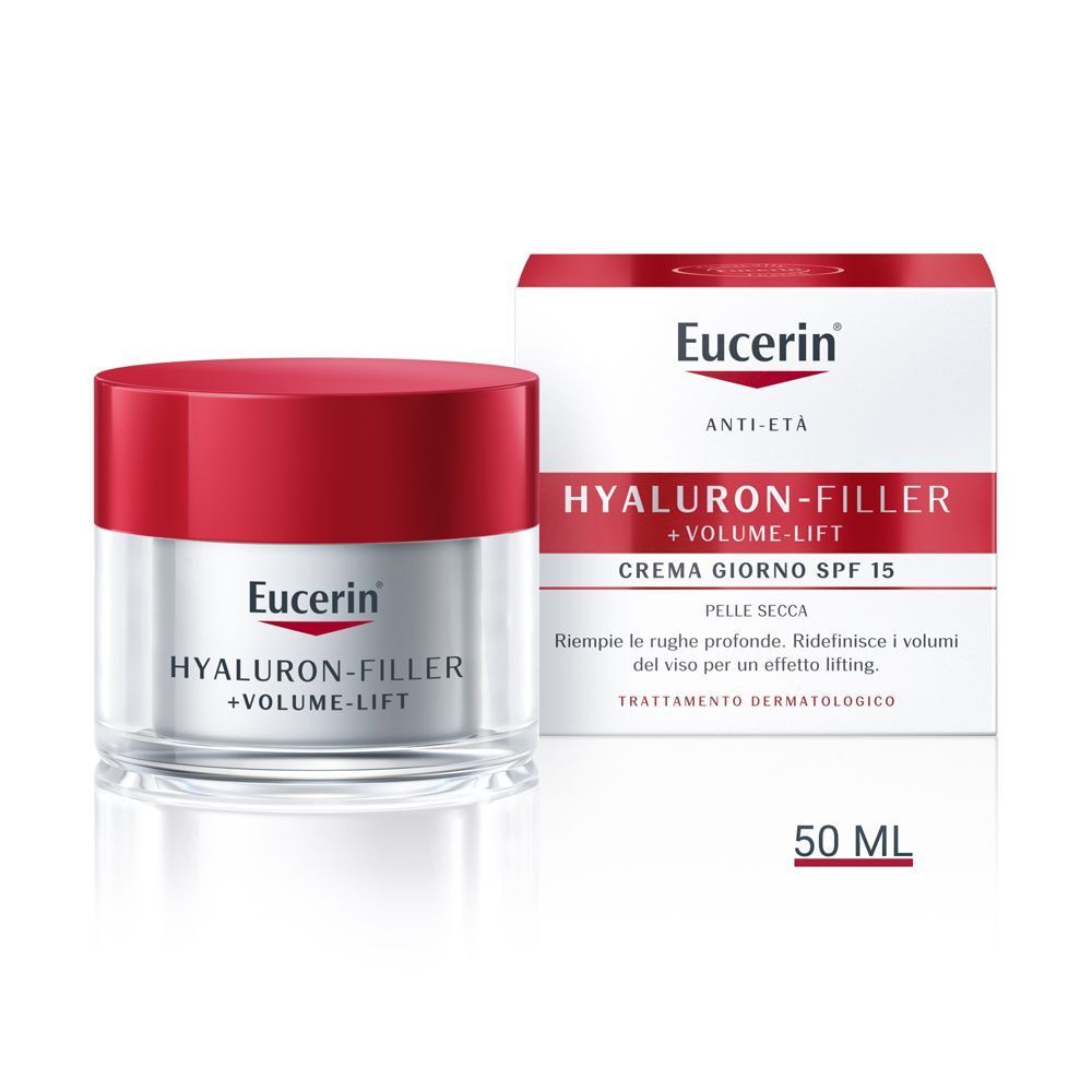 Vasetto crema giorno Eucerin Hyaluron-Filler con tappo rosso e confezione, 50 ml.