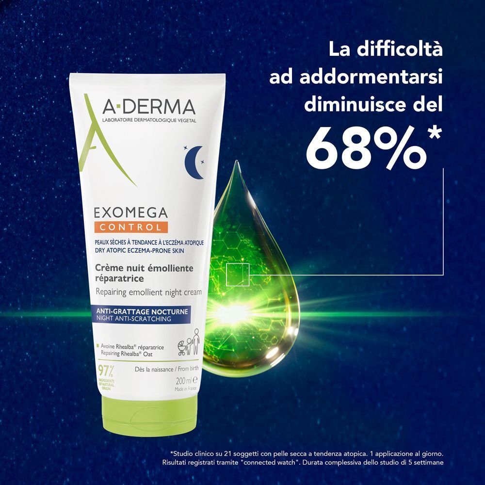 Crema A-Derma Exomega Control accanto a una goccia d'acqua con riflessi luminosi.