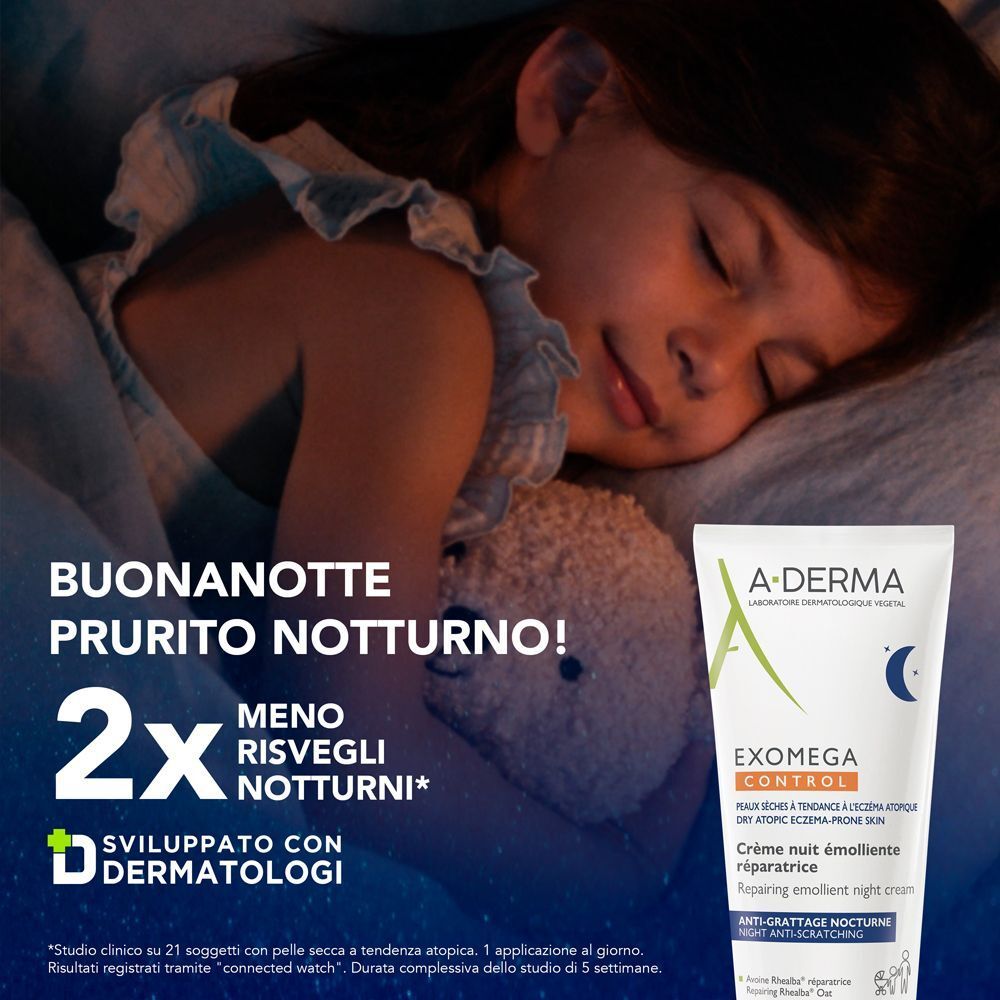 Bambino addormentato accanto a un tubo di crema A-Derma Exomega Control.