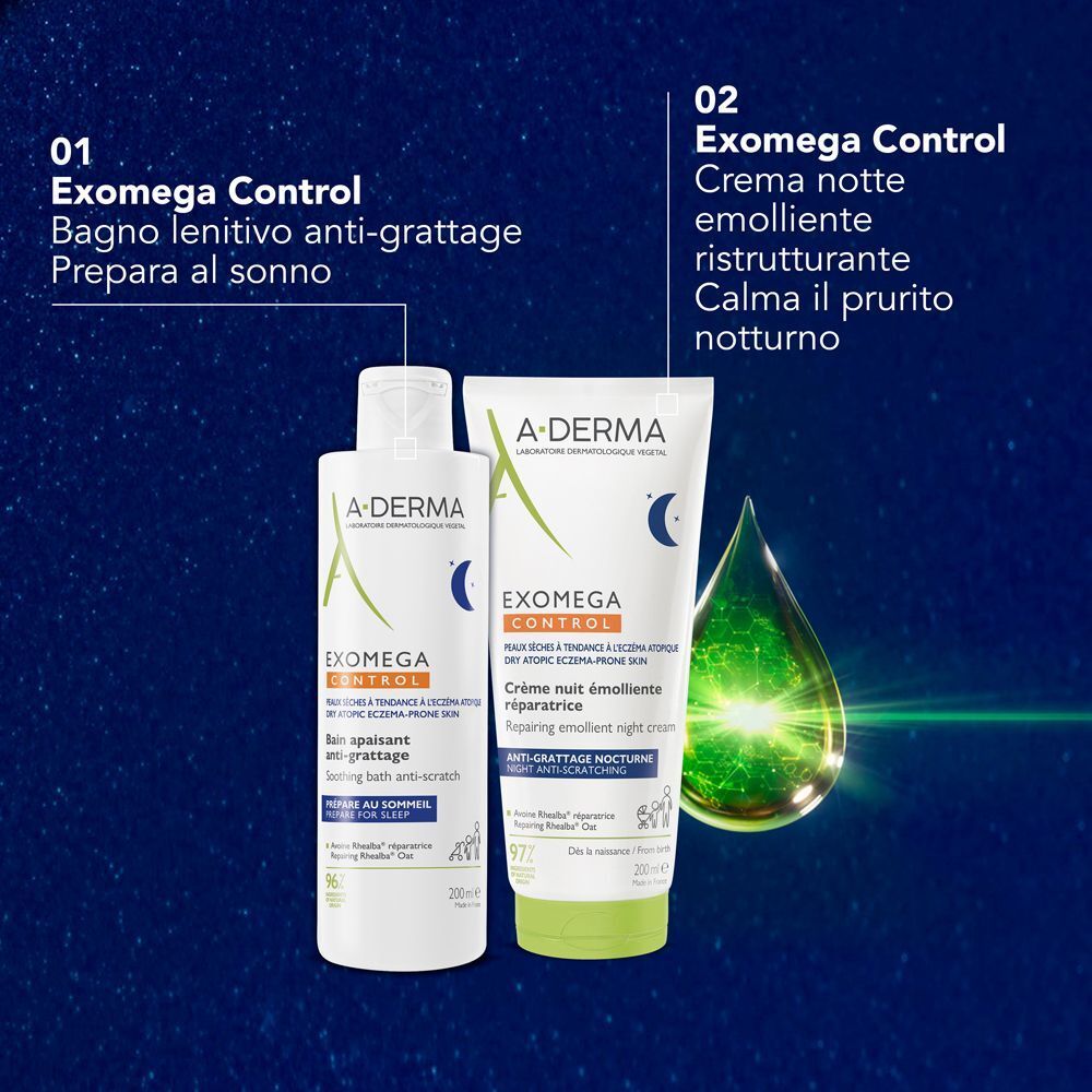 Crema notte A-Derma Exomega Control e bagnoschiuma. Accanto, una grande goccia verde. Testo in italiano.