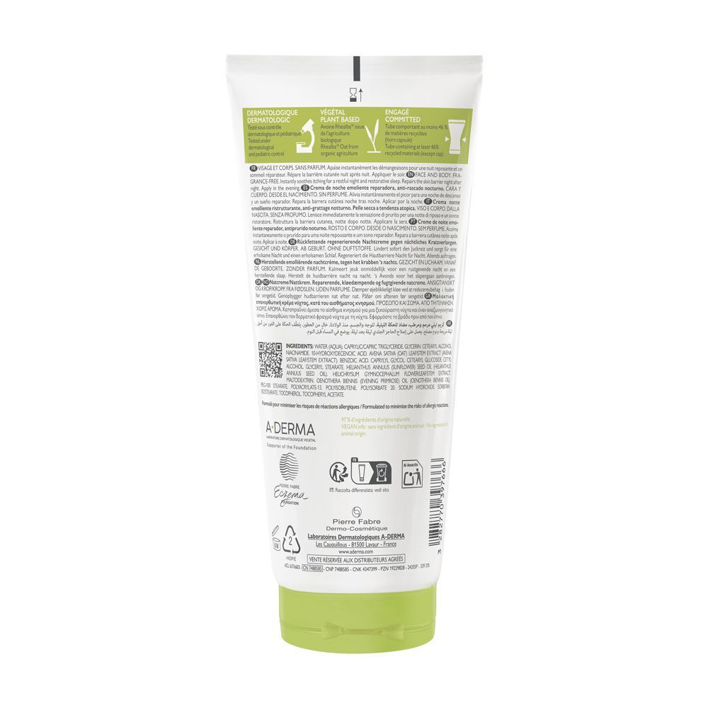 Retro di un tubo di crema notte A-Derma Exomega Control con informazioni dettagliate e simboli. Testo in italiano.