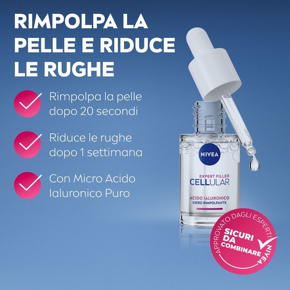 Flacone di siero Nivea Cellular Expert Filler con contagocce e goccia.