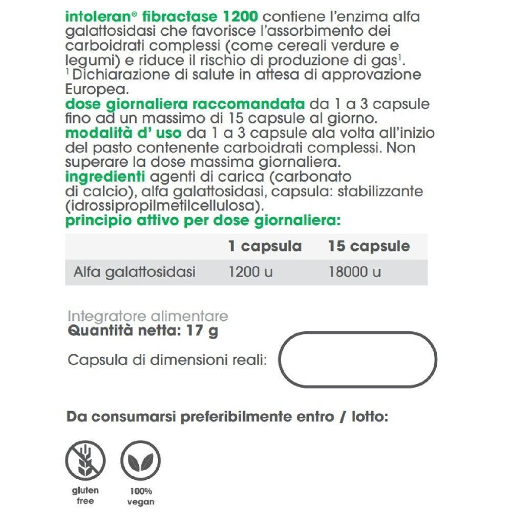 Retro di una confezione Intoleran Fibractase 1200 con informazioni sul prodotto e sigilli.