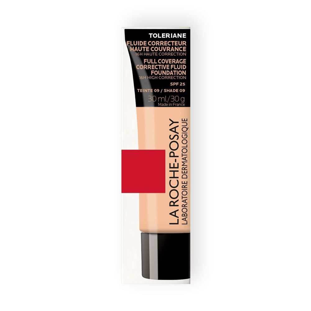 Un tubetto di fondotinta fluido La Roche-Posay Toleriane, tonalità 09, con banda rossa e sigillo dermatologico.