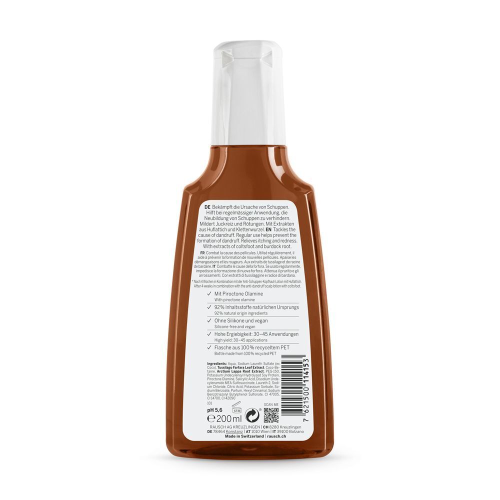 Retro di un flacone RAUSCH Shampoo con ingredienti e certificazioni, 200ml.