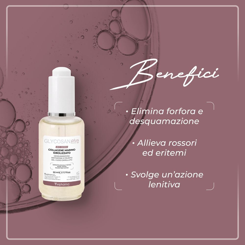 Un flacone in vetro con tappo contagocce, contenente siero trasparente, accanto a testo sui benefici.