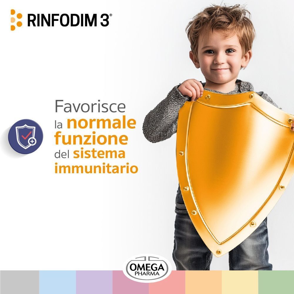 Bambino tiene uno scudo dorato. RINFODIM 3® supporta il sistema immunitario. Omega Pharma.