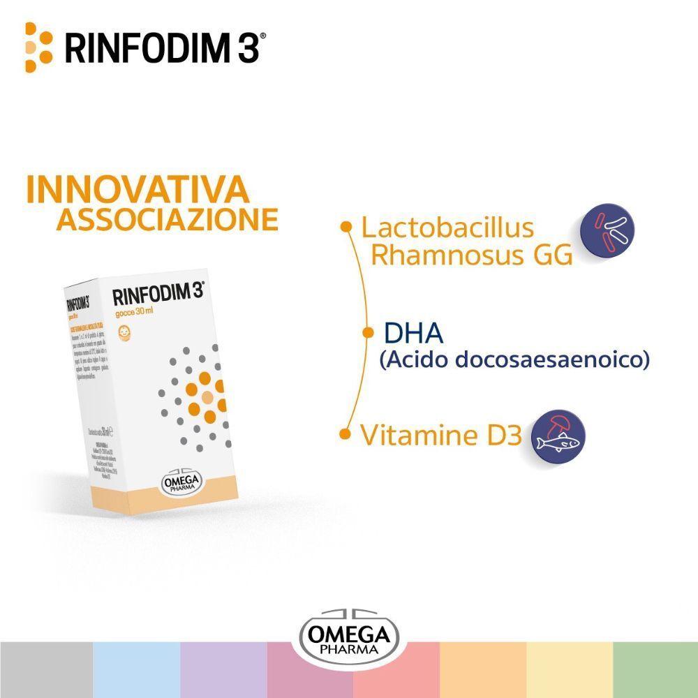 Gocce RINFODIM 3®: Lactobacillus Rhamnosus GG, DHA, Vitamina D3. Omega Pharma.
