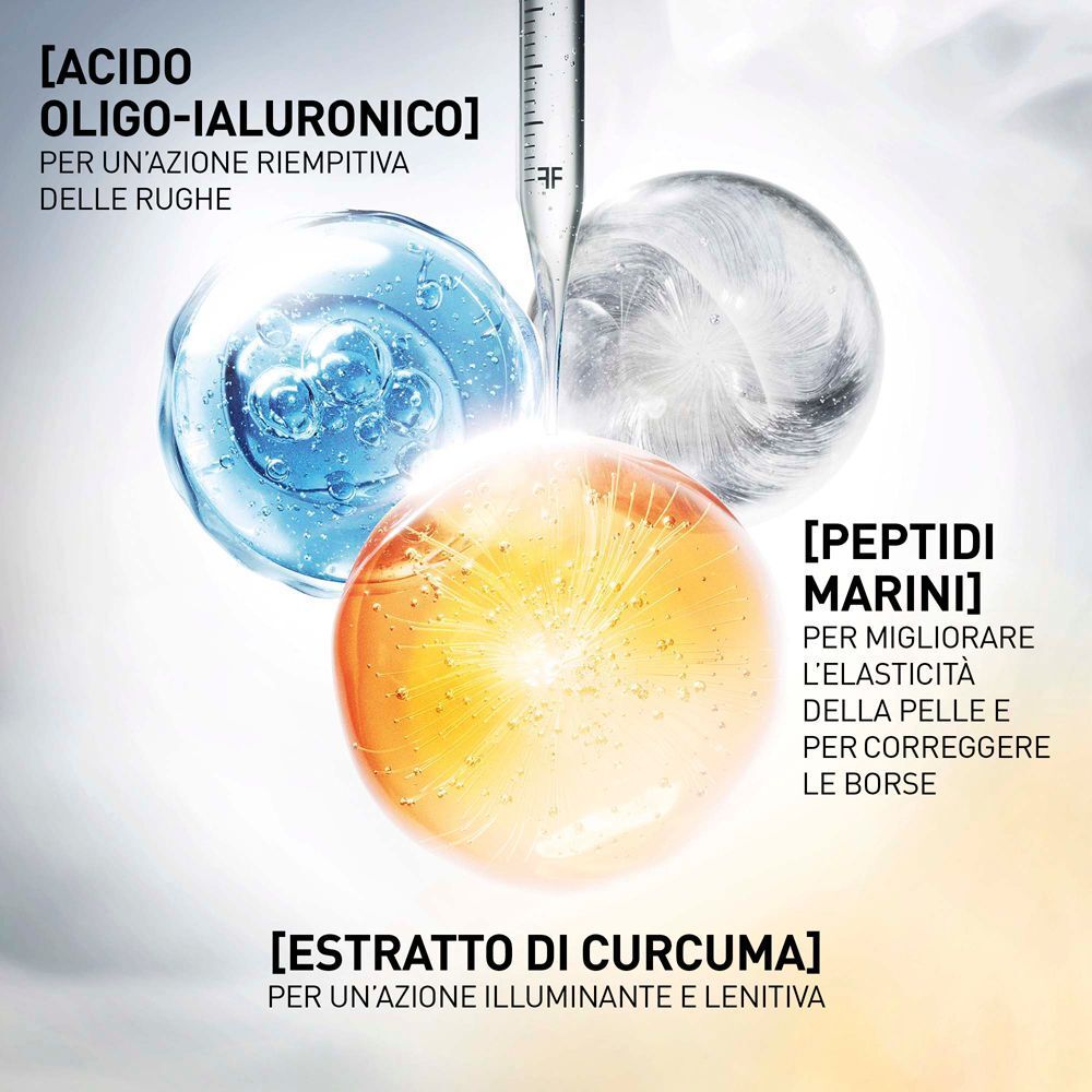 Principi attivi: Acido oligo-ialuronico, peptidi marini, estratto di curcuma per rughe, elasticità, luminosità.