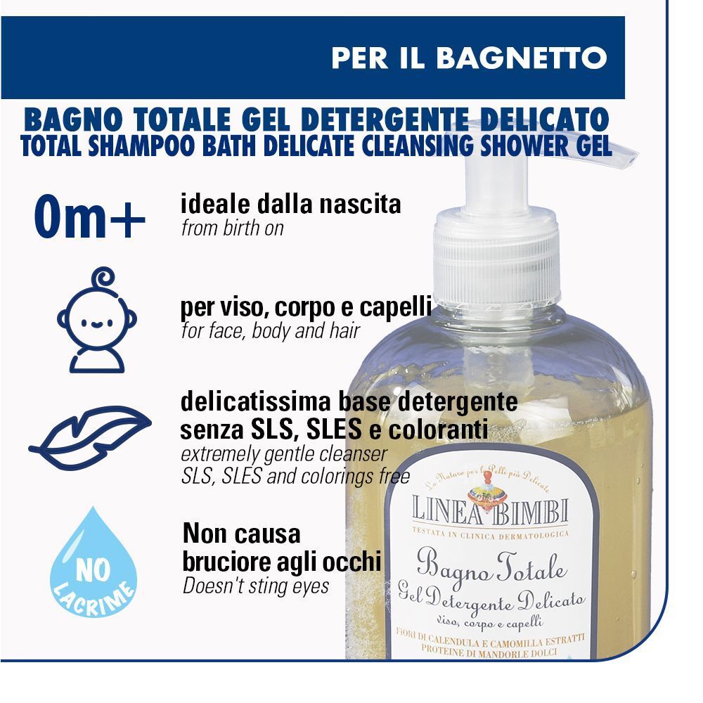 Primo piano di un flacone Helan LINEA BIMBI Bagno Totale con informazioni sul prodotto.
