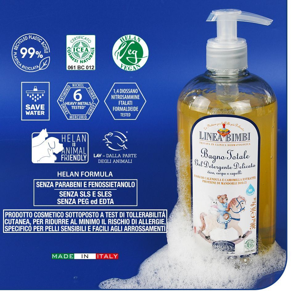 Un flacone Helan LINEA BIMBI Bagno Totale con varie certificazioni e sigilli.
