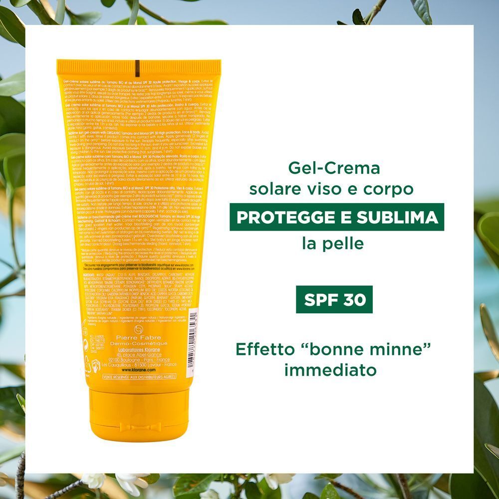 Retro di un Klorane Gel-Crema Solare Sublime SPF 30. Testo in italiano che descrive protezione e sublimazione della pelle.