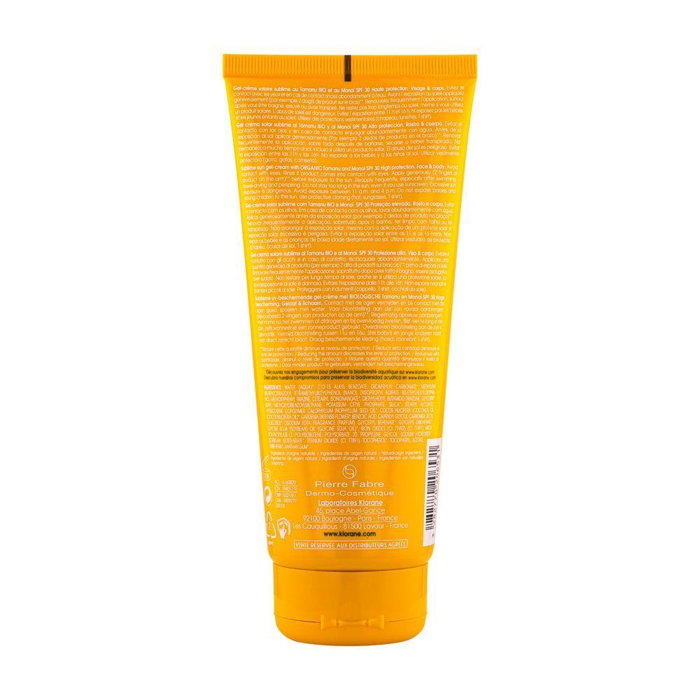 Retro di un Klorane Gel-Crema Solare Sublime SPF 30. Contiene informazioni dettagliate sugli ingredienti e il sito web.