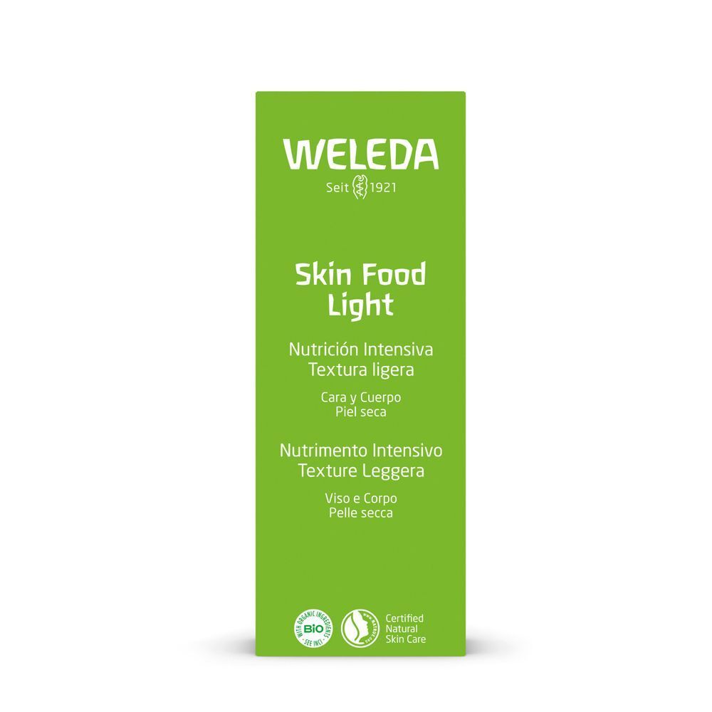 Confezione prodotto verde WELEDA Skin Food Light, fronte con testo e sigilli.