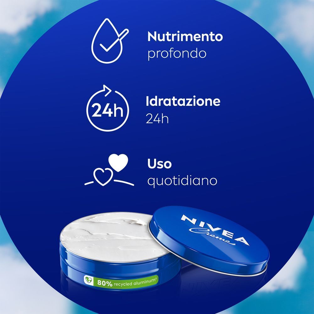 Barattolo di Nivea Creme aperto con crema bianca. Icone per nutrimento profondo, idratazione 24h, uso quotidiano. Testo: '80% alluminio riciclato'.
