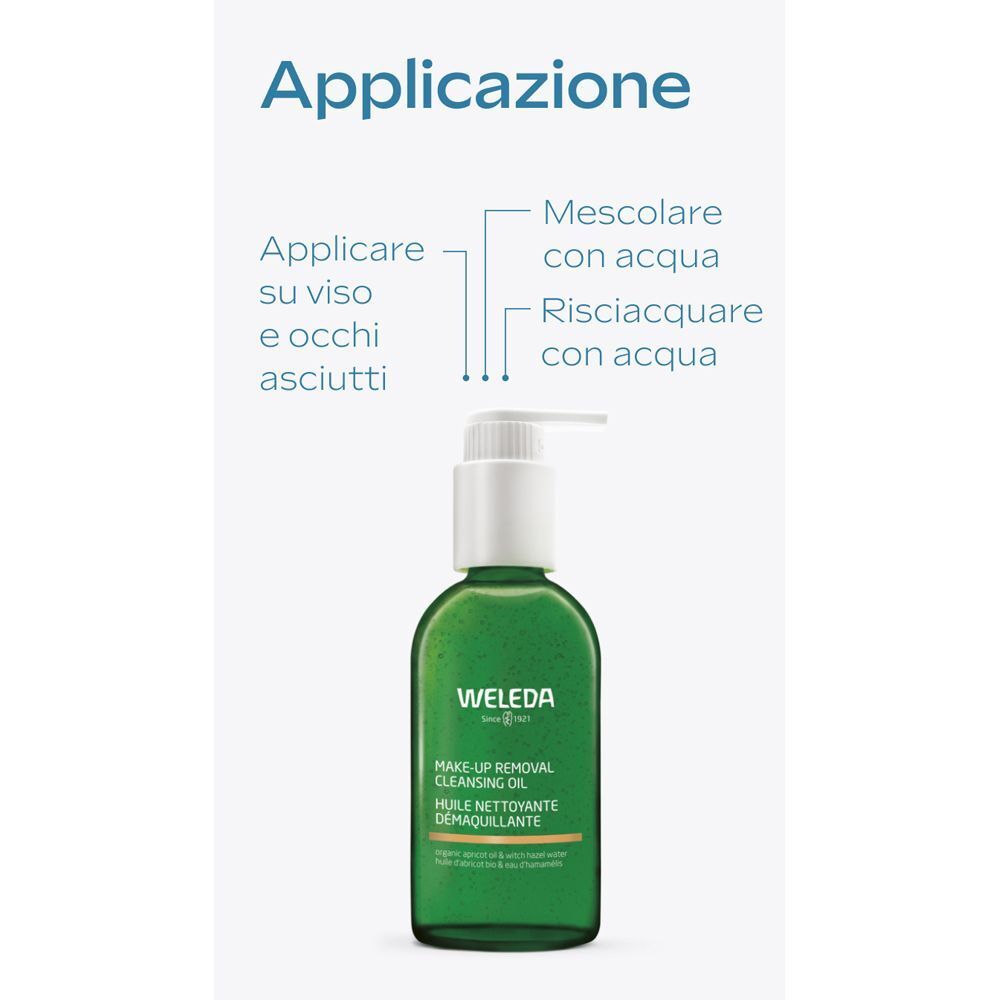 Applicazione WELEDA Olio Detergente Struccante: applicare su viso e occhi, mescolare con acqua, risciacquare.