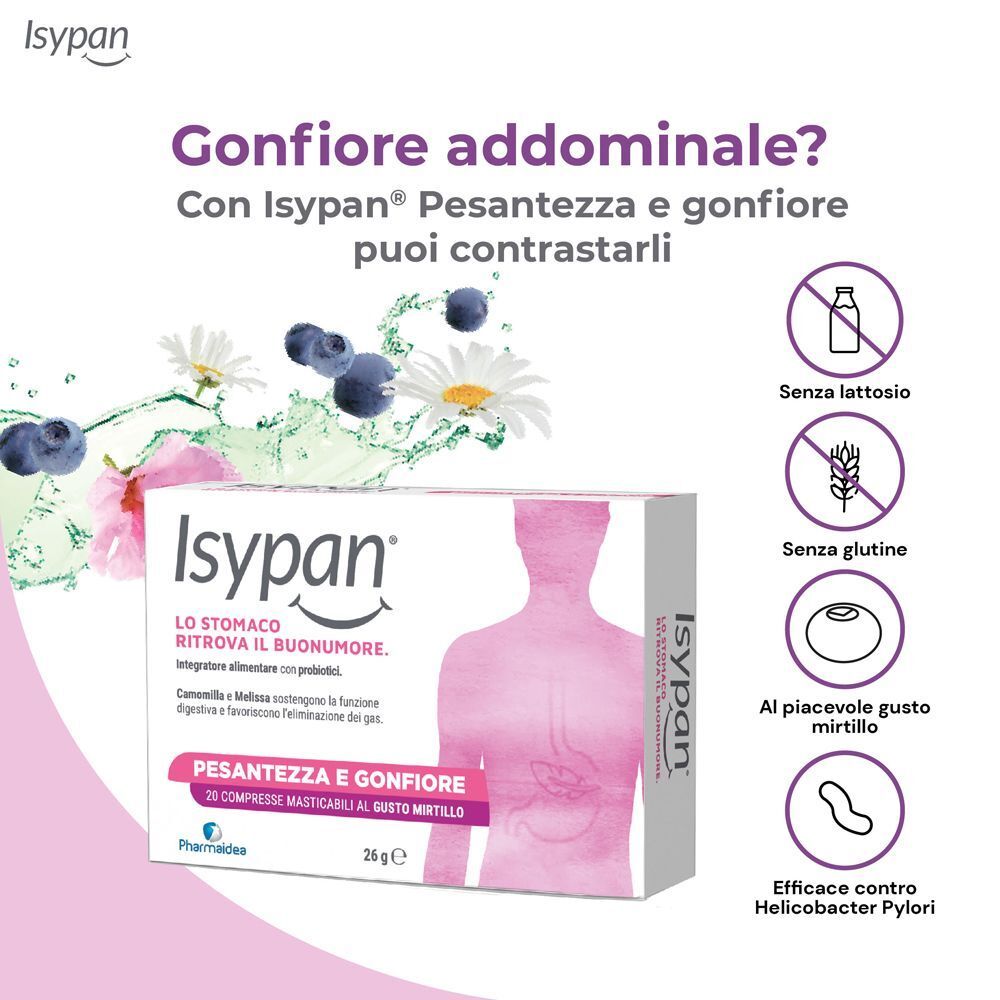 Isypan Pesantezza e Gonfiore confezione. Include icone per senza lattosio, senza glutine e contro Helicobacter Pylori.