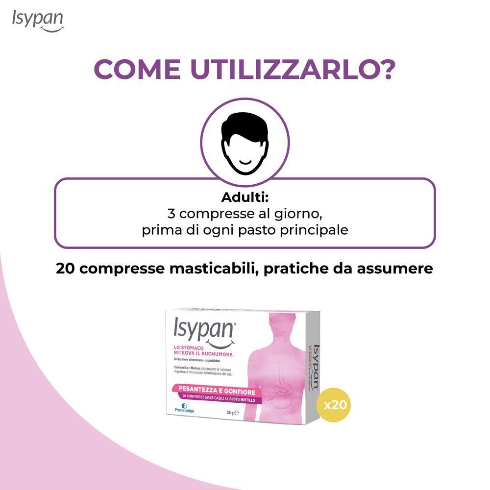 Isypan Pesantezza e Gonfiore: 20 compresse masticabili. Dosaggio adulti: 3 compresse al giorno.