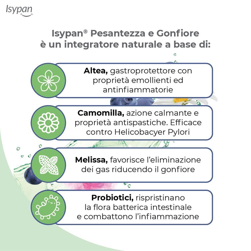Isypan Pesantezza e Gonfiore: Integratore naturale a base di Altea, Camomilla, Melissa e Probiotici.