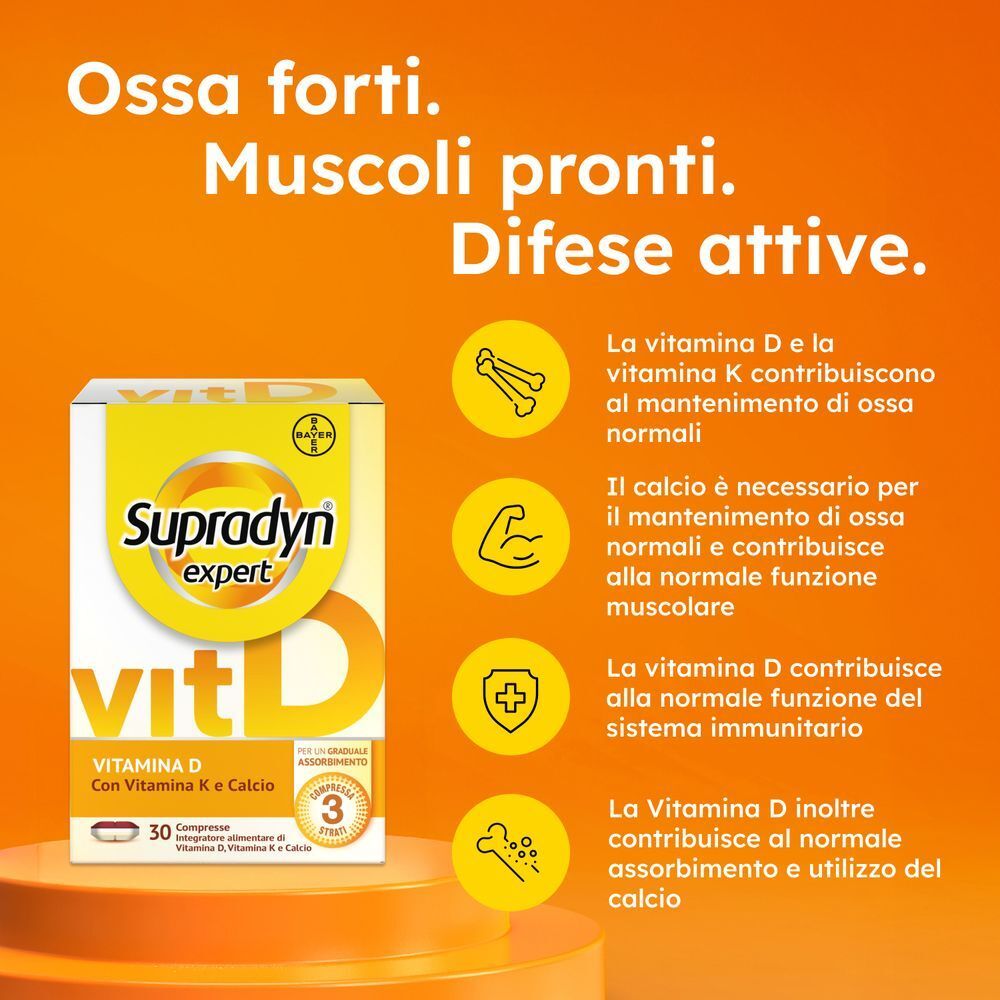 Confezione Supradyn Expert Vitamina D con testo su ossa forti e muscoli.
