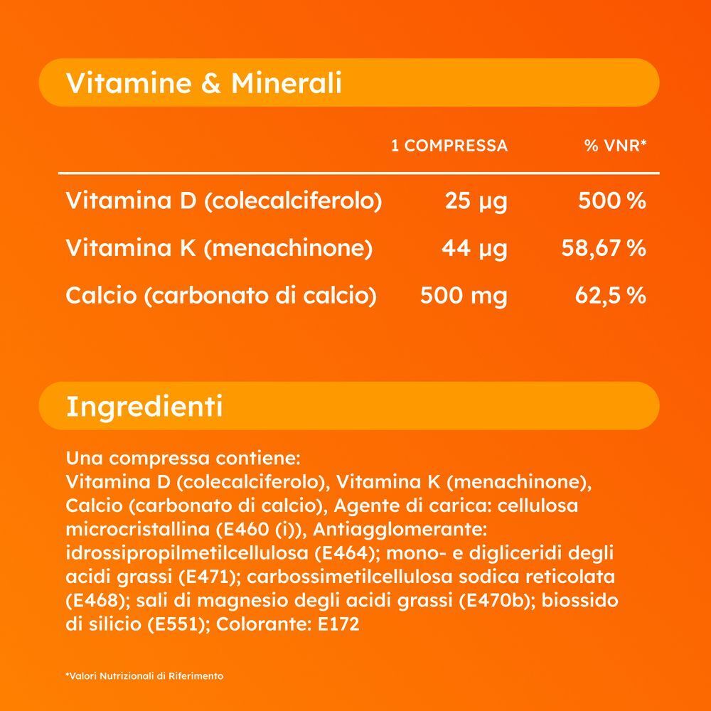 Tabella Vitamine & Minerali: Vitamina D, K e Calcio per compressa.