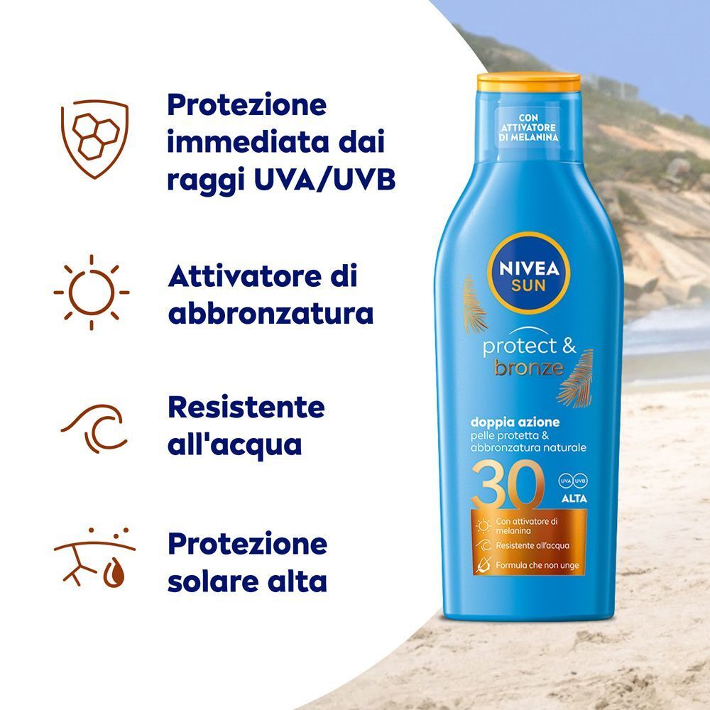 Latte solare Nivea Sun Protect & Bronze SPF 30 con attrattore di melanina.
