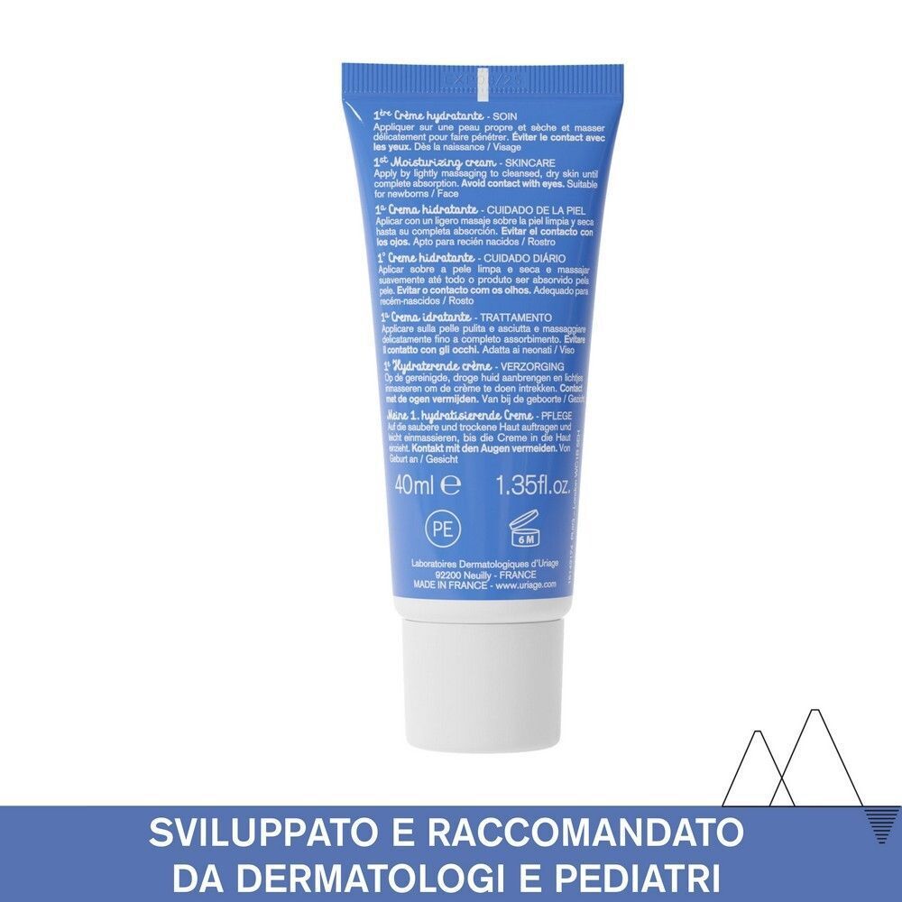 Retro di un tubo Uriage Bébé 1° Crema idratante. Contiene 40ml. Prodotto in Francia.