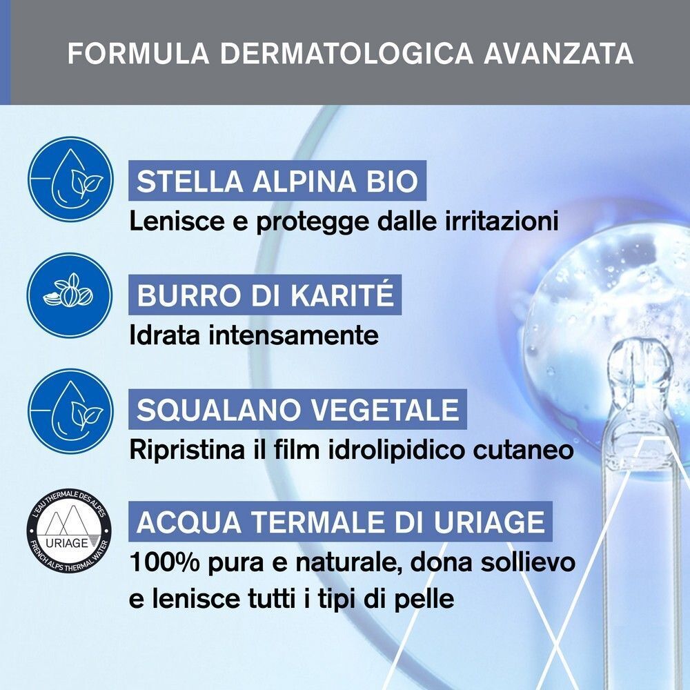 Ingredienti della crema Uriage Bébé: Stella alpina, burro di karité, squalano vegetale, acqua termale.