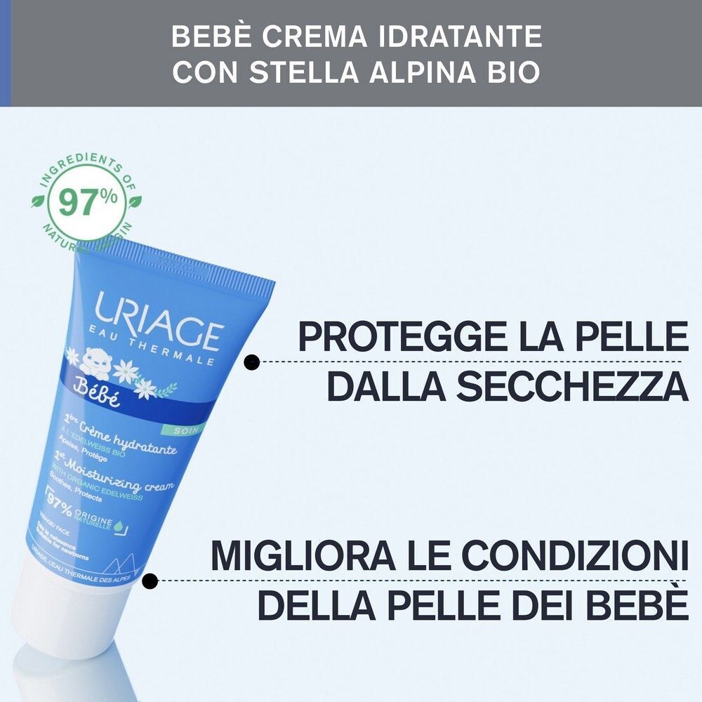 Un tubetto di Crema idratante URIAGE BEBE 1° accanto a testo che evidenzia protezione e miglioramento della pelle.