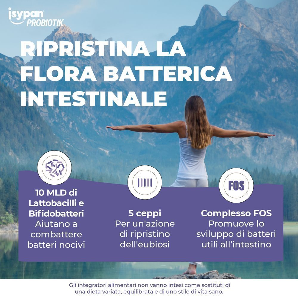 Donna a braccia aperte davanti a lago montano. Isypan Probiotik: 10 mld Lattobacilli, 5 ceppi, FOS.