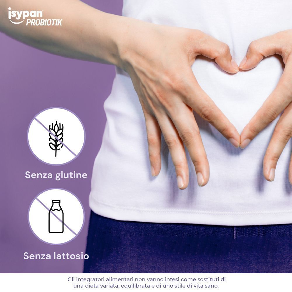 Pancia con cuore formato dalle mani. Isypan Probiotik: Senza glutine, senza lattosio. Per la flora intestinale.