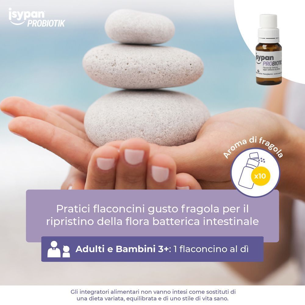 Mani con pietre impilate. Pratici flaconcini gusto fragola. Per adulti e bambini dai 3 anni.