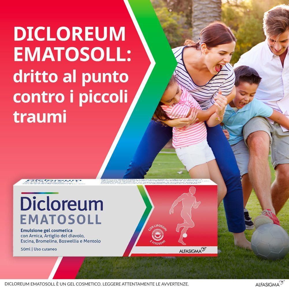 Famiglia gioca a calcio, una confezione di Dicloreum Ematosoll Gel in primo piano.