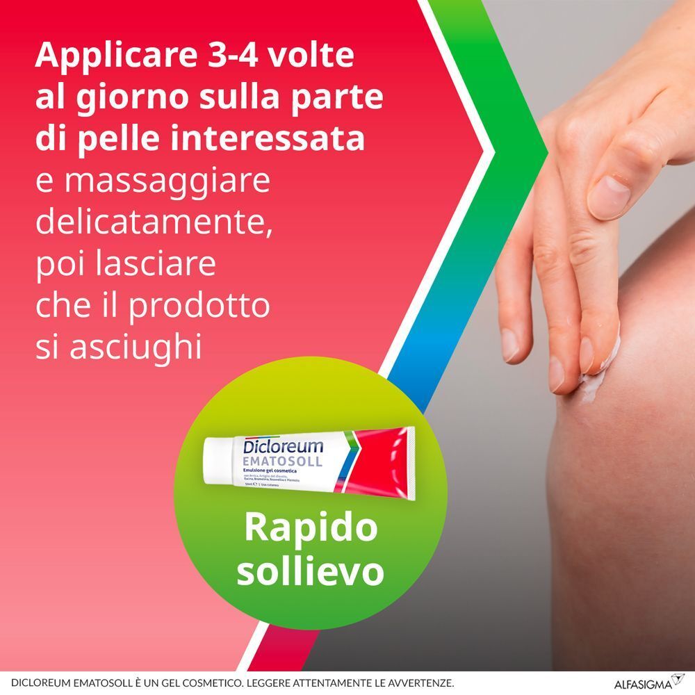 Applicazione di Dicloreum Ematosoll Gel sulla pelle, tubo e mano visibili.