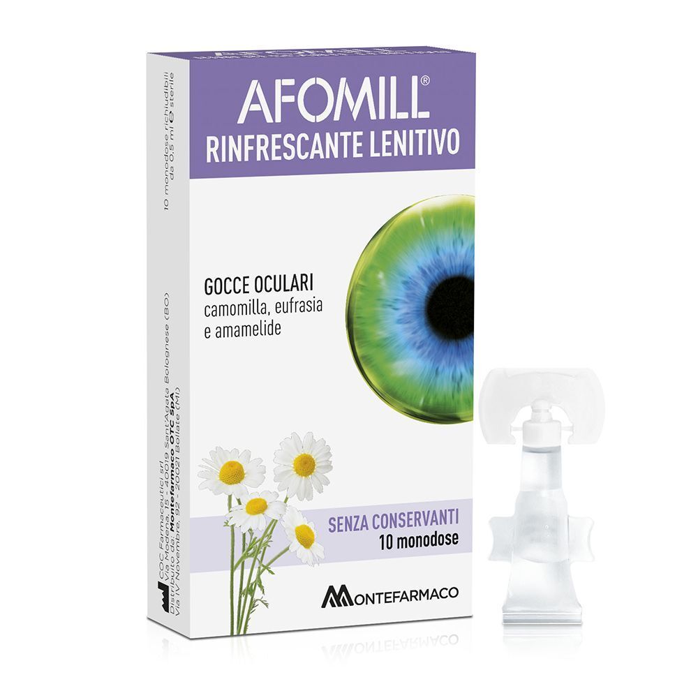 Una confezione di gocce oculari AFOMILL®, rinfrescanti e lenitive, 10 monodose, senza conservanti.