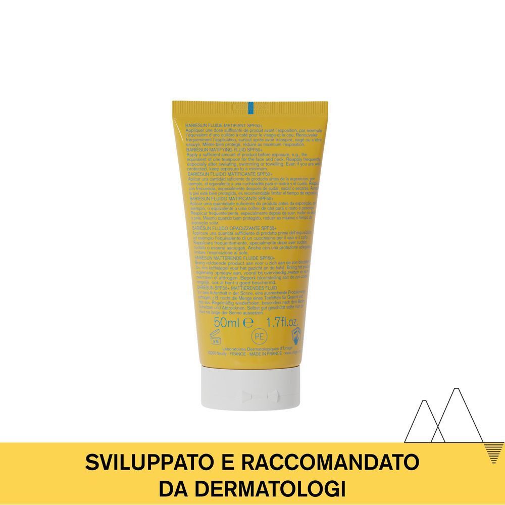 Retro di un tubo di fluido opacizzante Uriage Bariésun SPF50+ con istruzioni.
