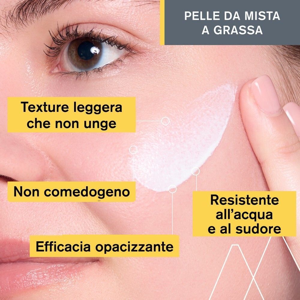 Pelle con texture leggera e non untuosa applicata. Non comedogeno, resistente all'acqua.