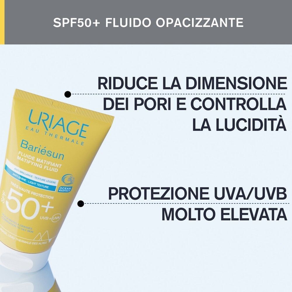 Fluido opacizzante Uriage Bariésun SPF50+: Riduce i pori, opacizza, alta protezione UVA/UVB.