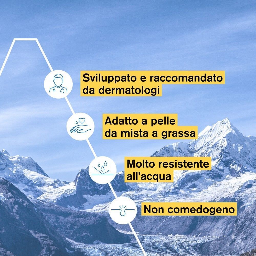 Rappresentazione simbolica: Sviluppato da dermatologi, per pelli miste/grasse, resistente all'acqua, non comedogeno.