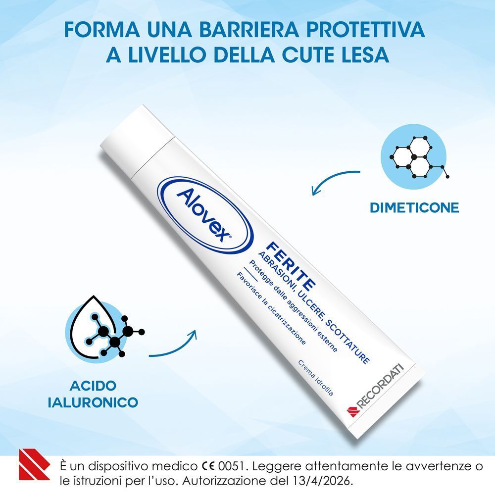 Un tubetto di Alovex Ferite Crema Idrofila con simboli di acido ialuronico e dimeticone.