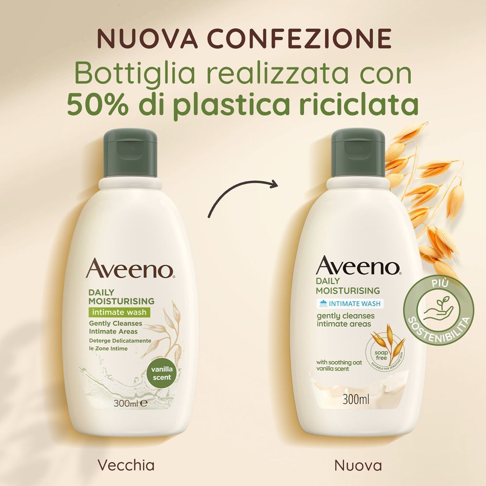 Confronto vecchia e nuova confezione Aveeno Intimate Wash. Bottiglia nuova con 50% plastica riciclata.