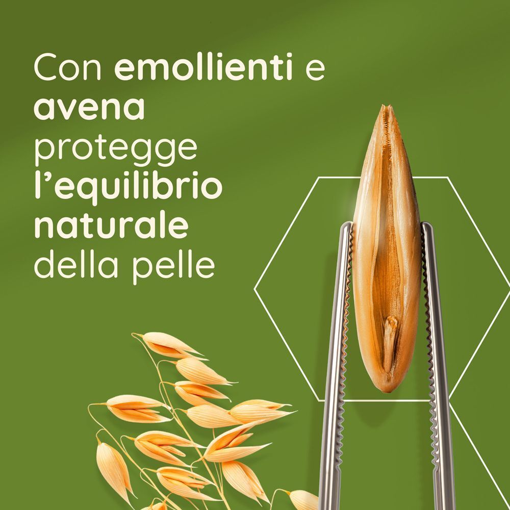 Con emollienti e avena protegge l'equilibrio naturale della pelle.